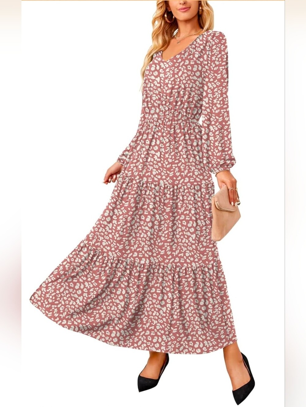 Rust Colored Printed V-Neck Maxi Dress with Long Sleeves Size M